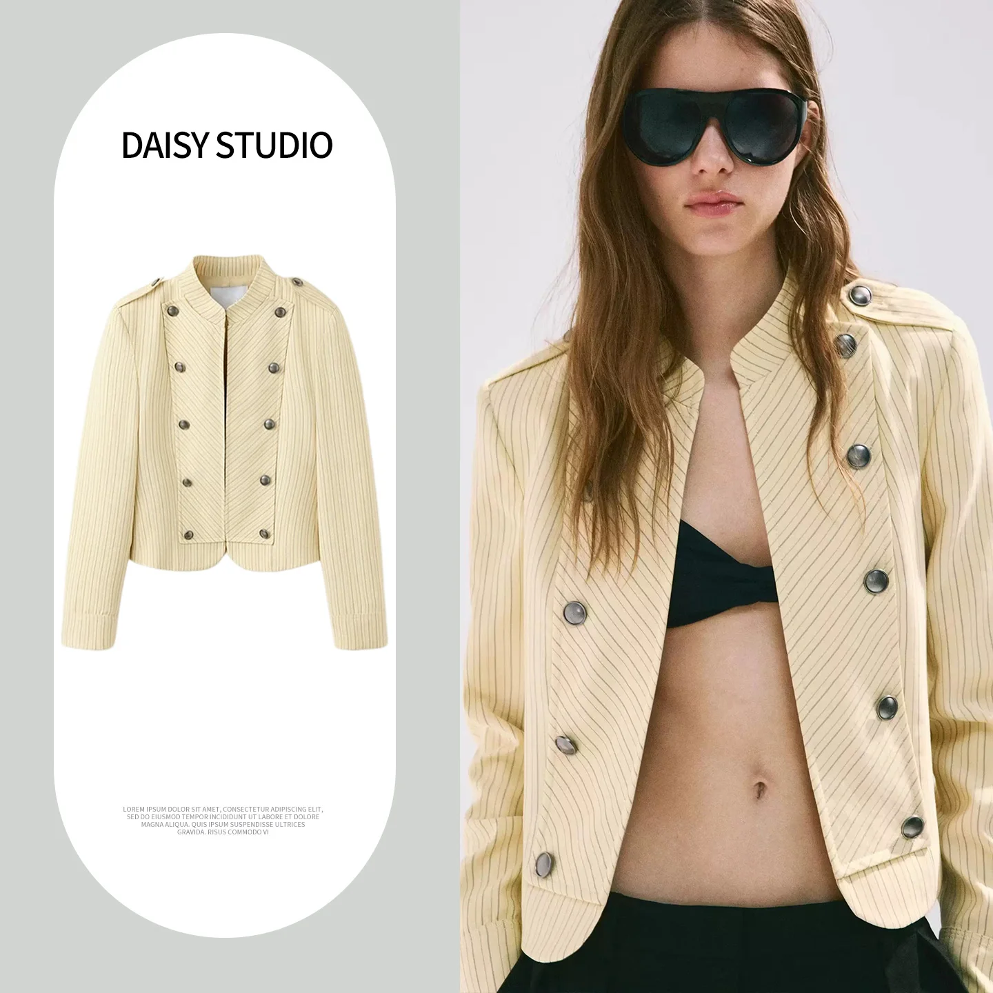 Chaqueta de Verano para Mujer, Estilo Marinero, Cuello Alto, Manga Larga, Rayas en el Hombro, Doble Botonadura, Estilo Casual...