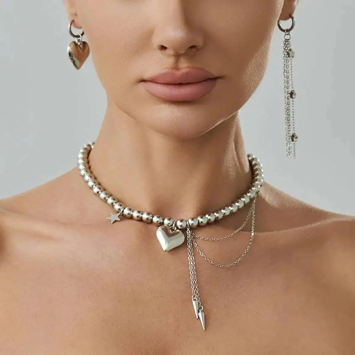 

KunJoe Elegant Silver Color CCB Bead Chain Short Choker Necklace Drop Earring Jewelry Set for Women Trend Heart Pendant Necklace