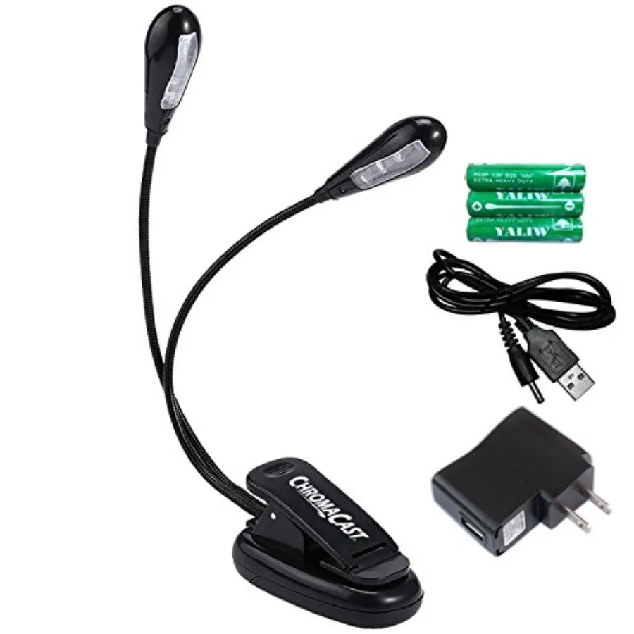 

LED Music Stand Clip On Dual Head Book Light Adjustable Lightweight 2 Level Lamp Brightness - Reading in Bed - Includes Batteri
