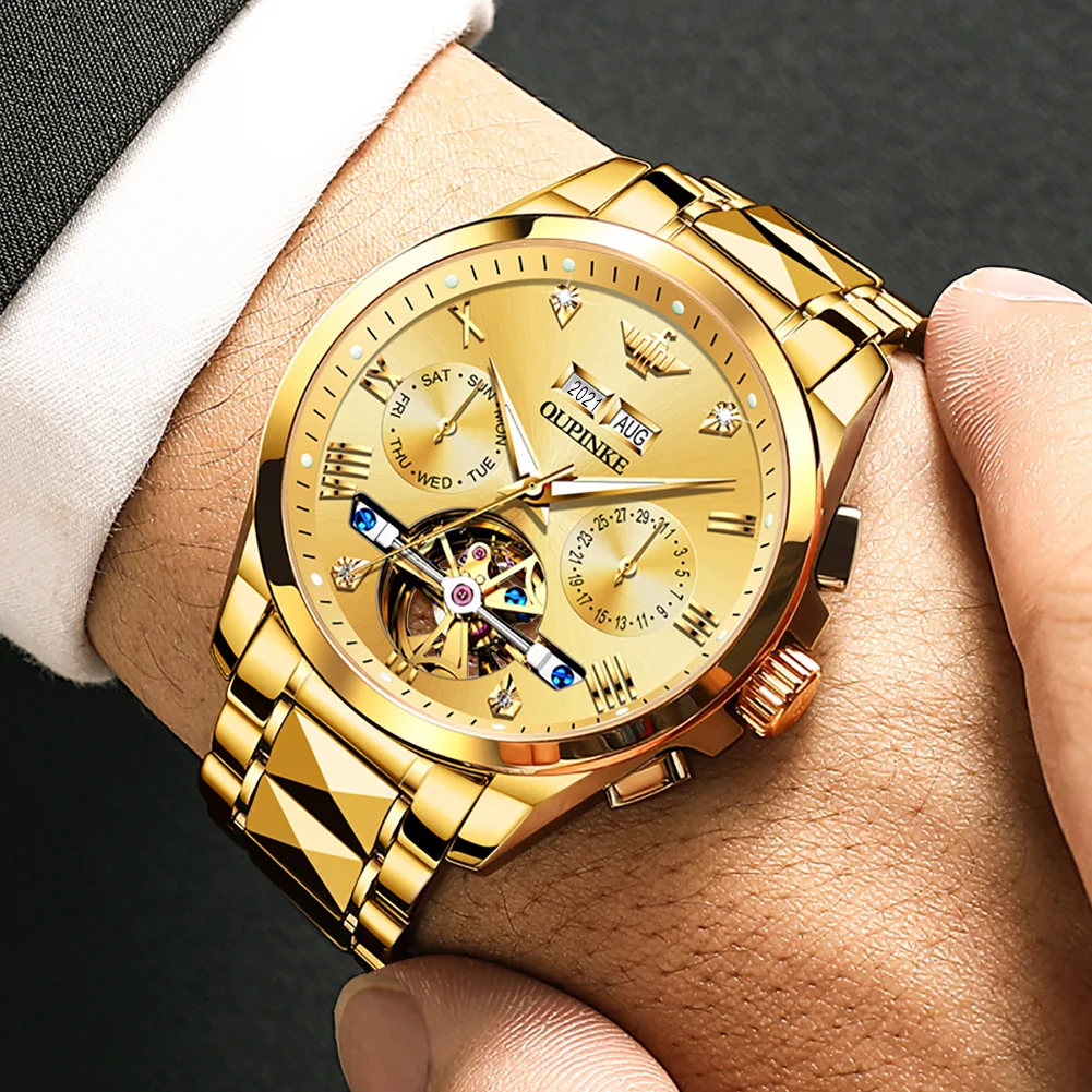 OUPINKE 3186 Original Gold Automatic Watch for Men Mechanical Sapphire Crystal Waterproof Luminous Classic Skeleton Wristwatch