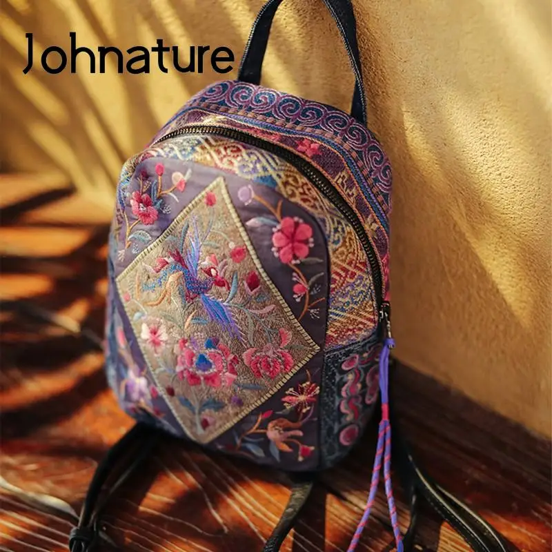 Johnature Vintage Denim Hemp Backpack National Heavy Industry Embroidery Women Bag 2024 New Original Design Luxury Travel Bags