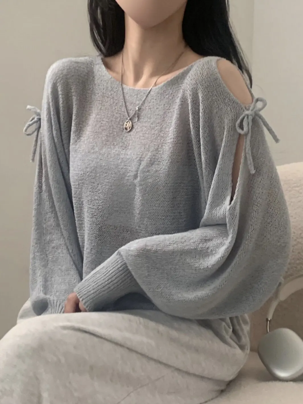 Loose Hollow out Knitted Long Sleeve Women's T-Shirt Korean Style Shoulder Bared Split Soft Comfortable Summer Top