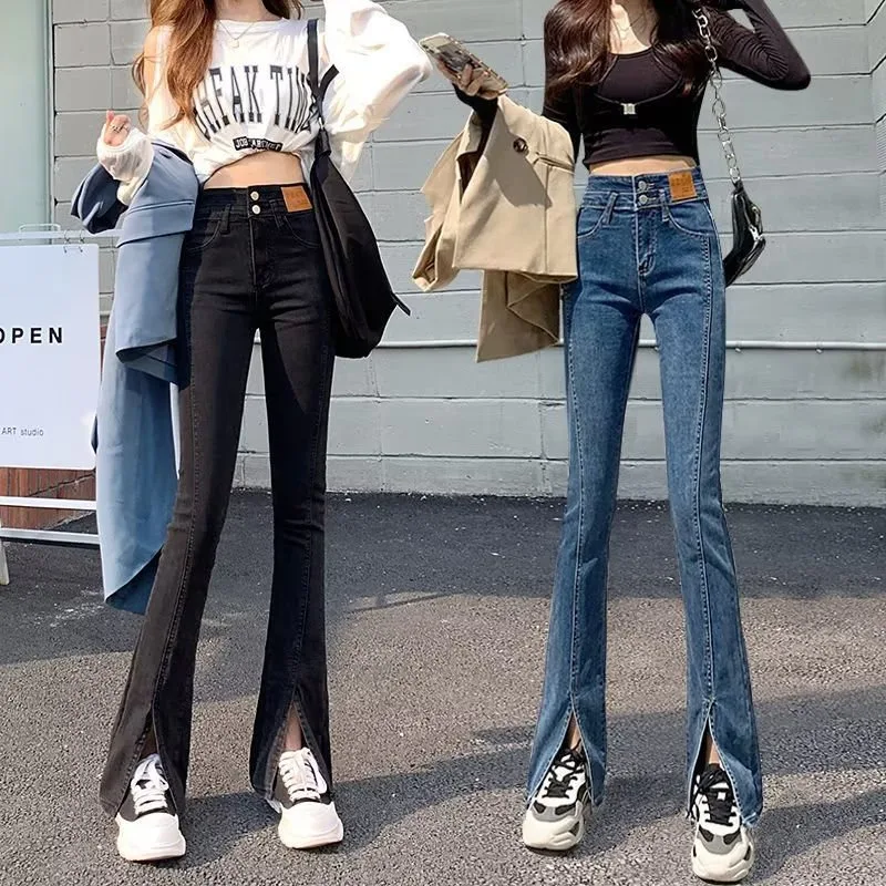 High Waist Slit Micro Flare Jeans Women's Spring Summer Loose Slimming Bell Bottom Pencil Pants Long Trousers Denim Jeans
