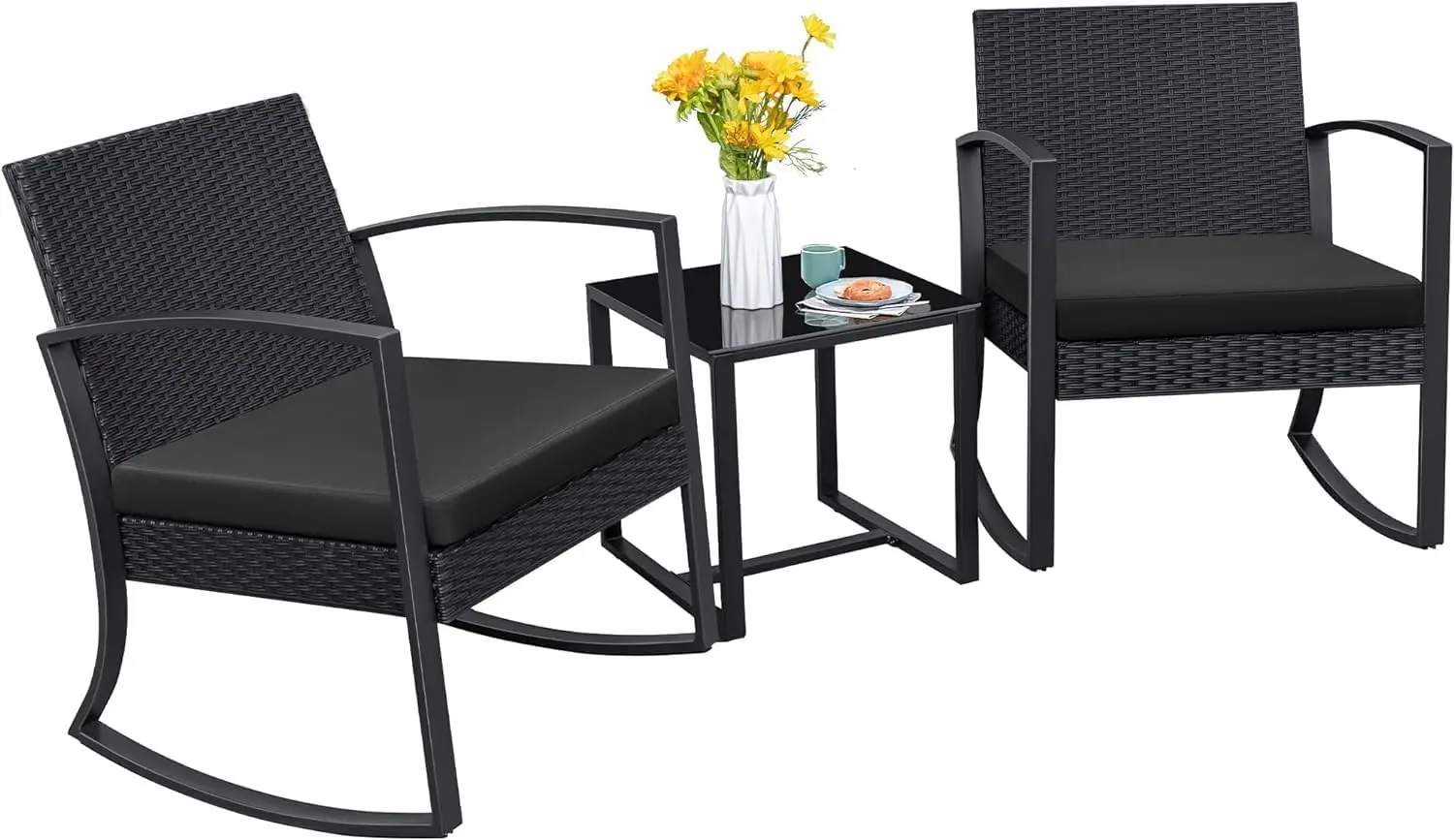 

Patio Furniture Set 3 Piece Resin Outdoor Bistro Set Rocking Patio Chairs with Cushions and Table for Porch, Poolside, Balcony a