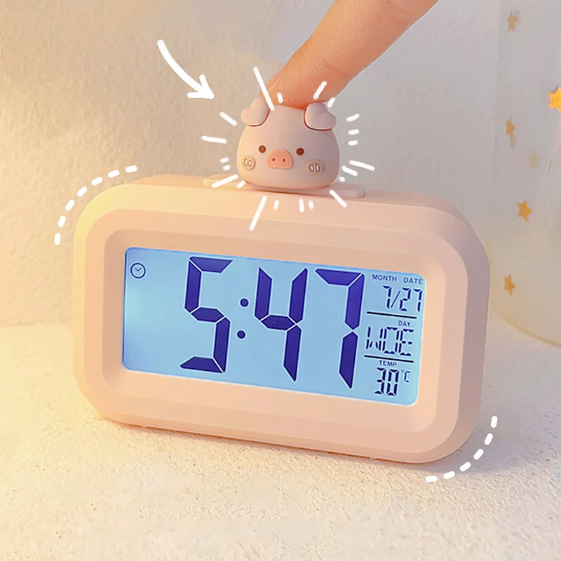 Cute Cartoon Mini Digital Alarm Clock Backlight Snooze Mute Calendar Clock Desktop Table Clocks Temperature Electronic LED Clock