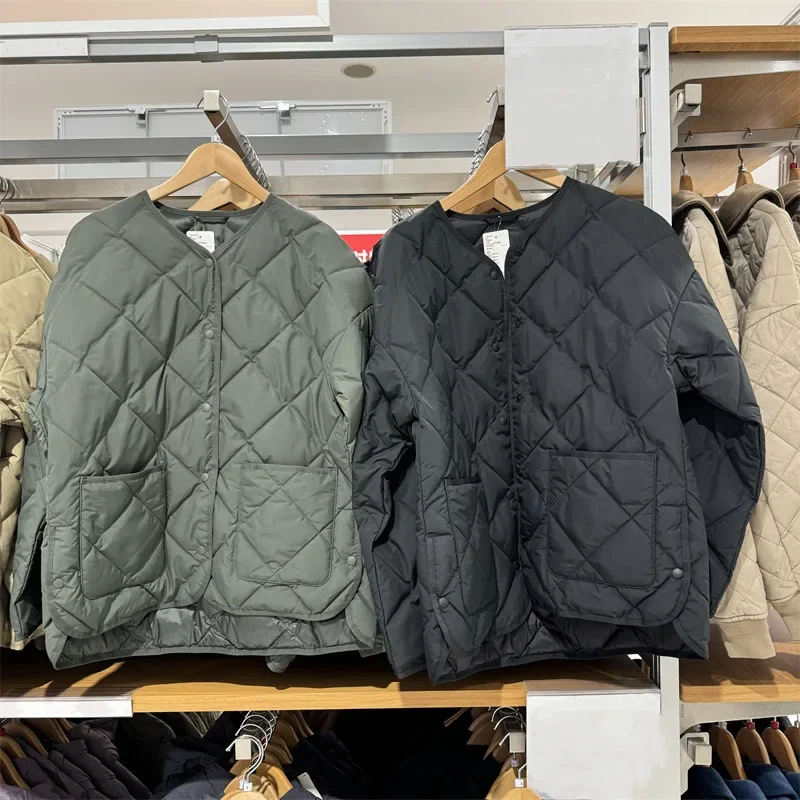 سترة نسائية فضفاضة غير رسمية من القطن الهوائي معطف برقبة دائرية نمط الماس للخريف والشتاء ملابس خارجية نسائية مريحة عصرية