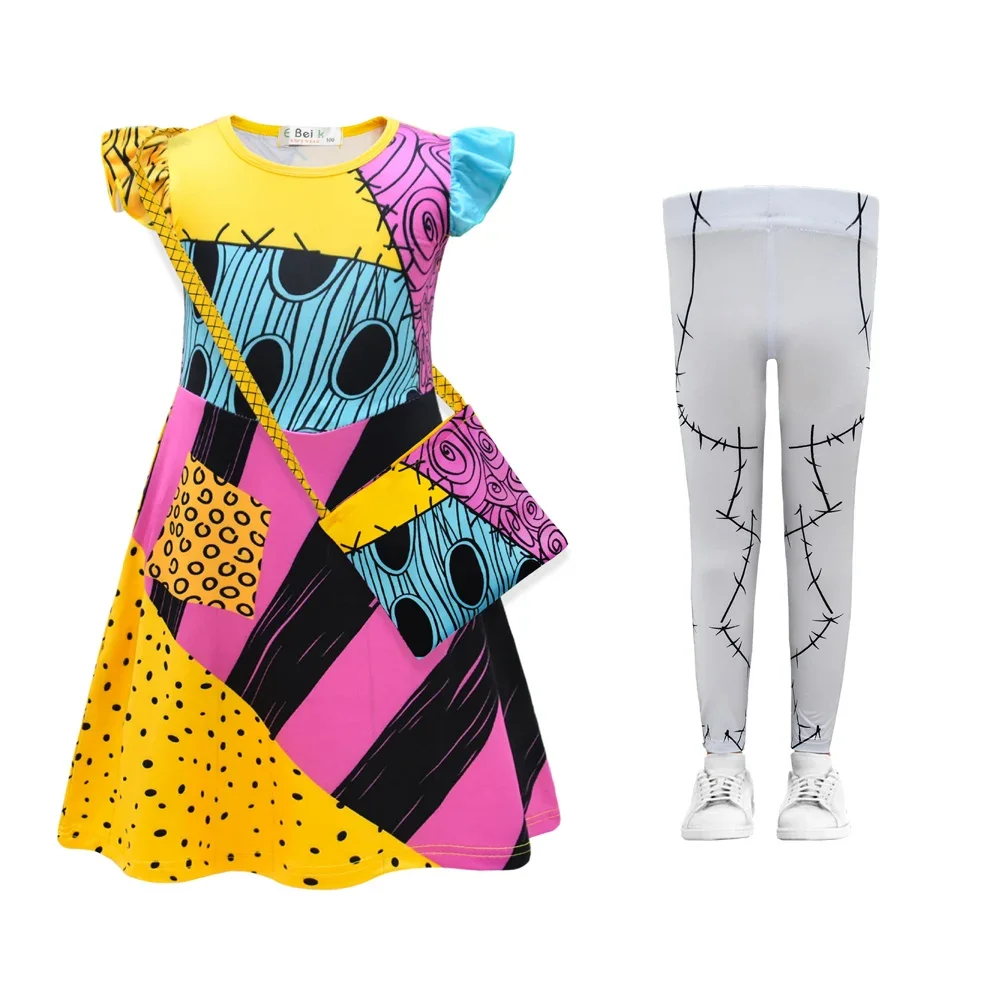 Bambini Incubo Natale Sally Costume Cosplay Ragazze Abito Pantaloni Borsa Set completo Gioco di ruolo per bambini Abito con volant Festa di Halloween