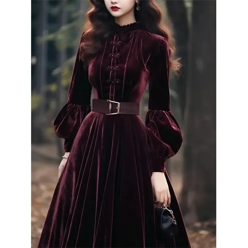 Autumn Winter Women\'s Velvet Dress New Fashion Evening Party Long Dress Style Super Beautiful Purple Red Velvet Dresses Vestidos