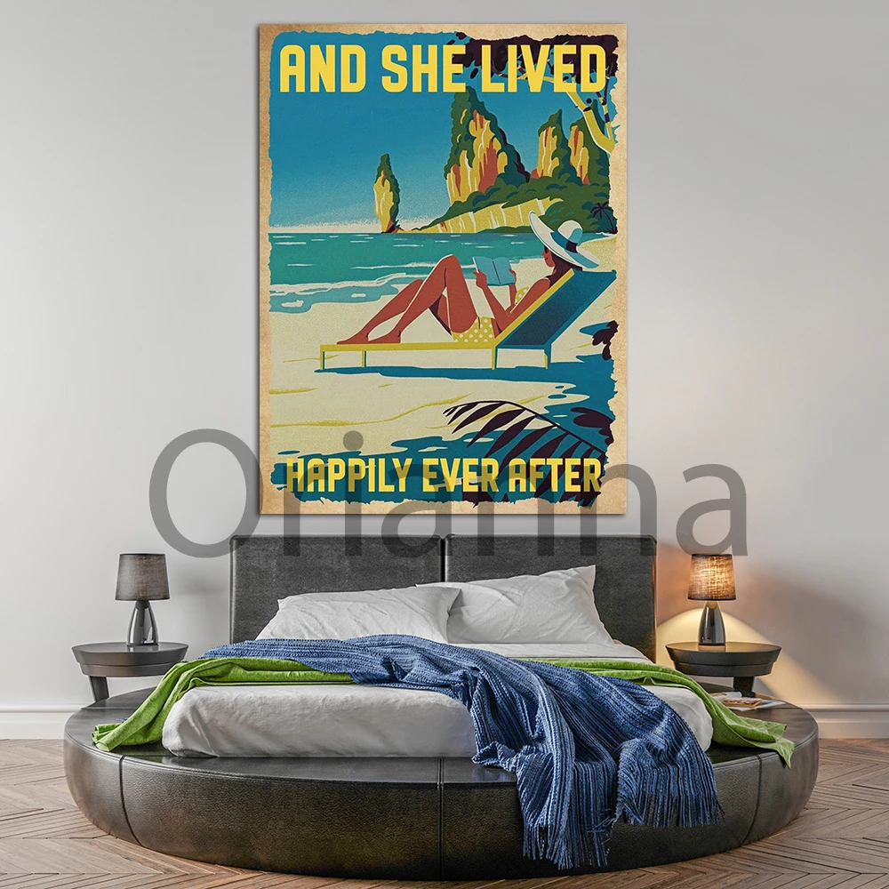 Home Decor Hd Prints And She Lived Happily Ever After Woman Beach Landscape Wall Artwork Canvas Painting Vintage Modular Poster