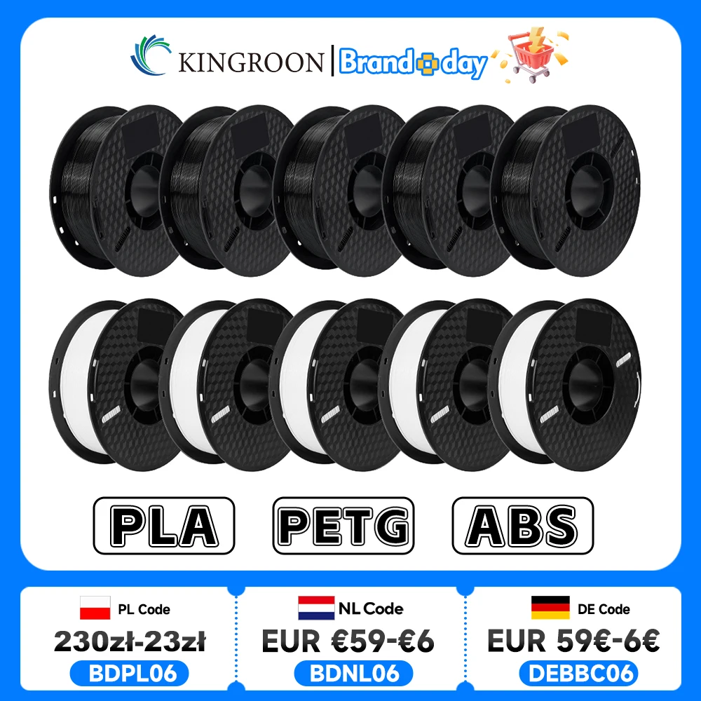 KINGROON 10KG PLA/ ABS/ PETG Filament 1.75mm Black White Gray , Wholesale 10 Rolls PLA ABS PETG Plastic For 3D Printer