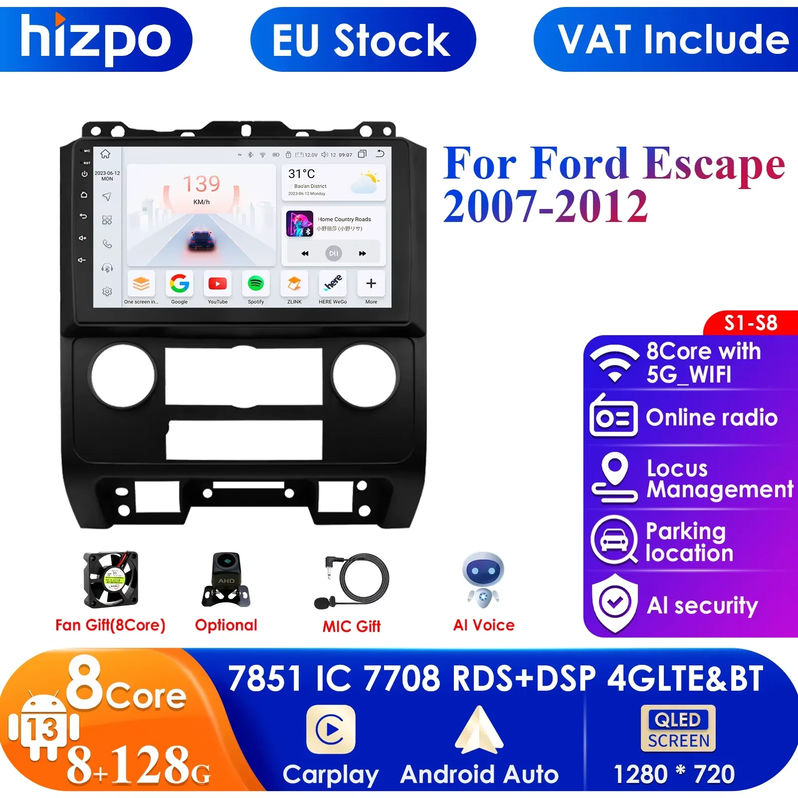 Hizpo 9 Inch Pro AI Intelligent Player 2 Din Android 13 Car Radio for Ford Escape 2007 - 2012 GPS Carplay Auto 4G WIFI Autoradio