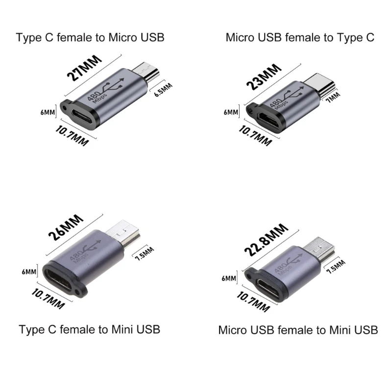 Usb-C naar Mini USB MicroUSB Adapter Micro USB naar Type-C MiniUSB Converter 480Mbps