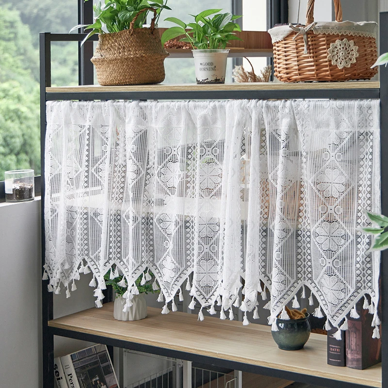 

Sheer Lace Valances with Tassels Scalloped Bottom Floral Curtains for Kitchen Bathroom Dining Room Living Room Bedroom Basement
