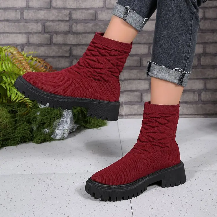 Autumn New Knit Sock Boots Women Thick Bottom Solid Colour Leisure Outside Wear Ankle Boots Chunky Middle Heels Short Botas