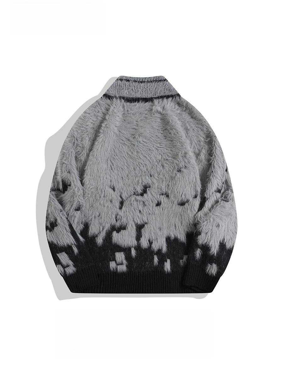 2025 Autumn Winter New Plush Gradient V-Neck Casual White Sweater Men's Street Fashion Loose Daily Gray Knitwear