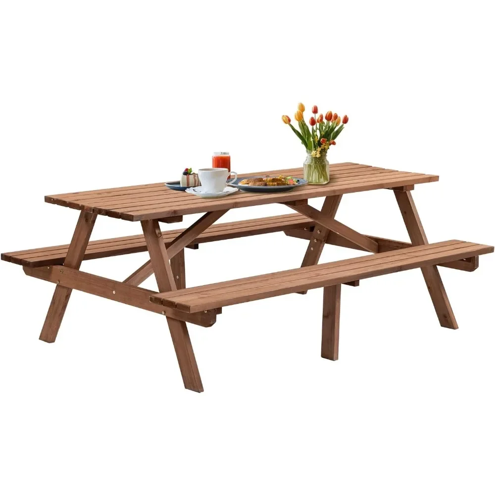 Wood Outdoor Picnic Table Picnic Tables with Benches and Umbrella Hole, Classic Picnic Table Bench Set for 6 or 8 Person Outdoor