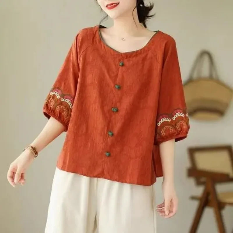 

Chinese Style Retro Cotton Shirt Chinese Style Round Neck Plate Button Mid-sleeve Embroidered Tea Suit Summer Top