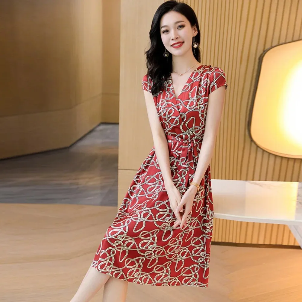 Women's Fashion Spring/Summer Clothing 89% Natural Mulberry Silk Elastic Satin Exquisite Temperament Waist-cinching Print Dress