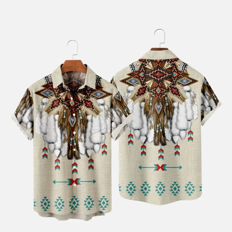 

Men's Fashion Summer T-Shirts Hawaiian Indians 3d Print Cozy Casual One Button Shirts Short Sleeve Beach Oversized Shirts 7