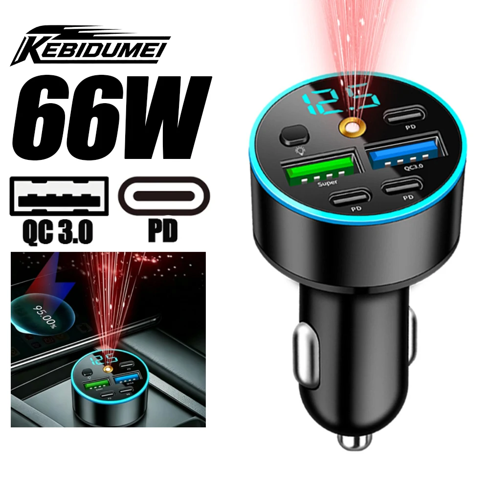 66W 5-Port Car Charger With Starry Sky Lamp Fast Charging 2USB 3PD USB Type-C Car Phone Charger For iPhone Samsung Huawei Xiaomi