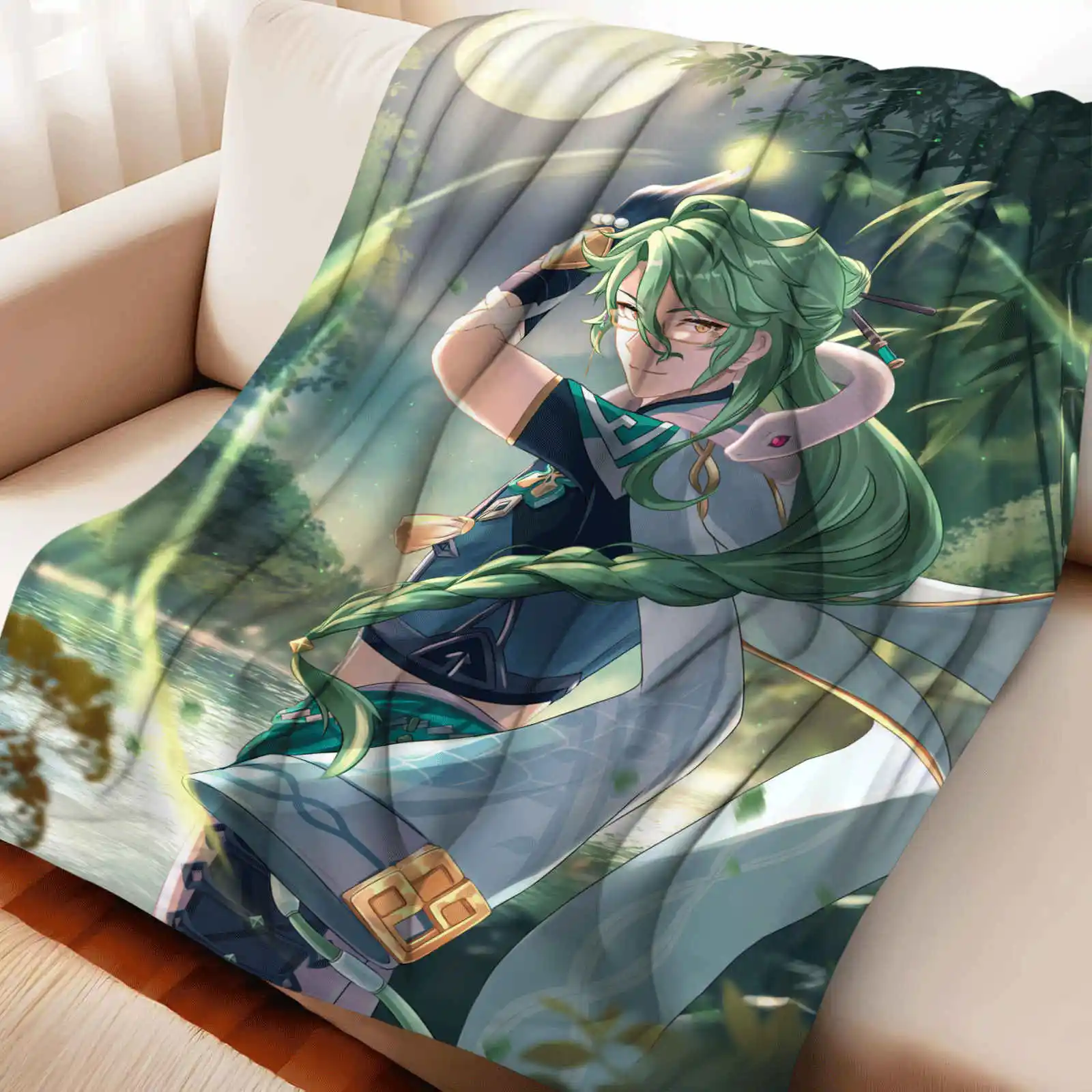 Genshin Impact  Baizhu  Flannel Blanket for Sofa Bed Office Home Camping Nap Leisure Soft Throw Blankets