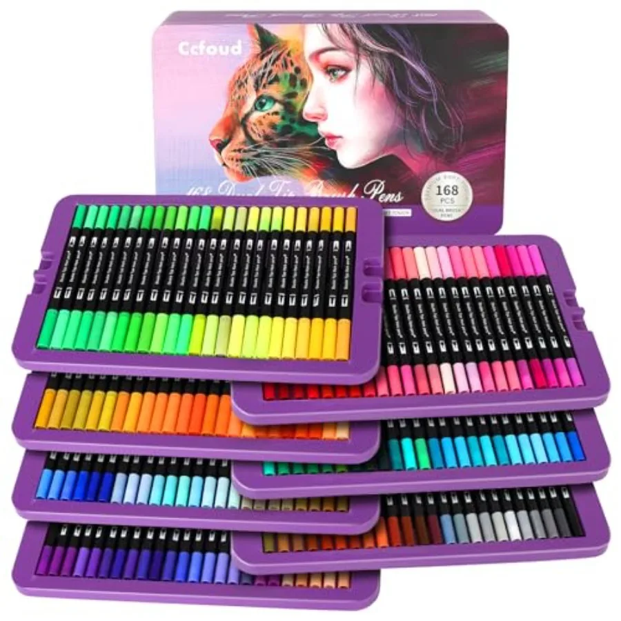 

168 Colors Dual Tip Art Markers Set - Fine Point and Brush Pens for AdultsWater-Based Markers for Drawing Coloring Books - Incl