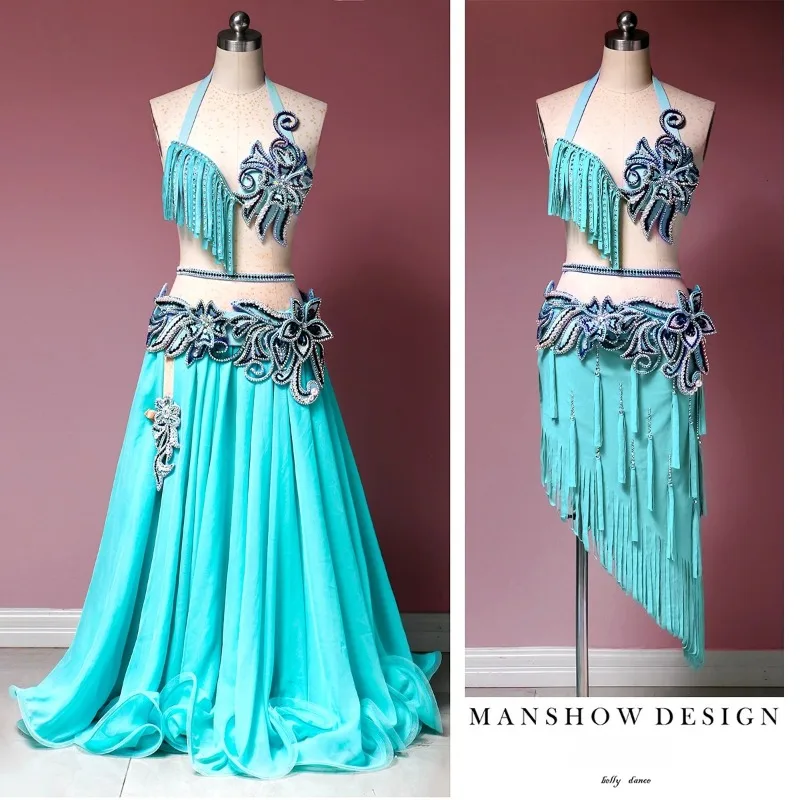 تخصيص الرقص الشرقي زي المرأة أداء اللباس الصدرية شرابة مستوحاة طويلة وقصيرة كبيرة سوينغ تنورة مزدوجة التبديل مجموعة