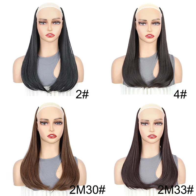 وصلات شعر اصطناعية على شكل حرف V للنساء ، قطعة شعر طويلة مستقيمة ، نمط مشبك داخلي ، أسود ، بني ، 4 مقاطع ، 18"