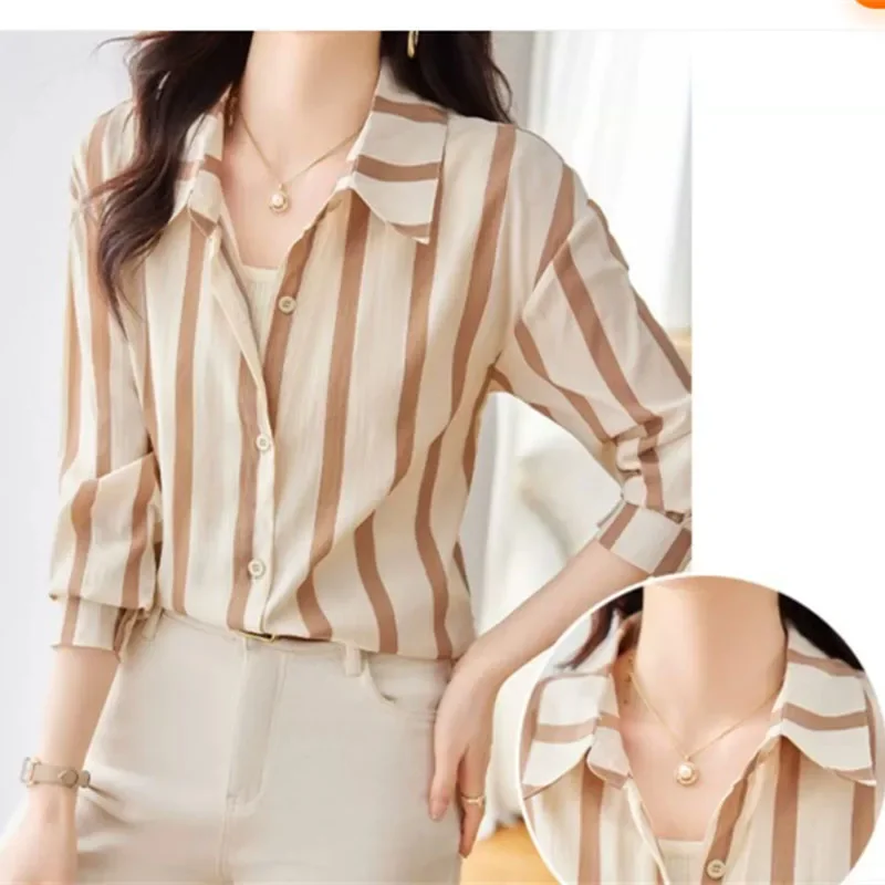 Primavera outono femme novas mangas compridas topos de alta qualidade senhoras moda listra cardigan blusa coreano feminino médio longo estilos camisa