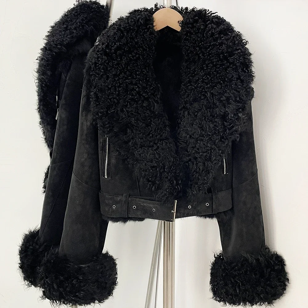 OFTBUY Winter-Pelzkleidung für Damen, Kurze Bikerjacke aus Wildleder, Echtes Kaninchenfell-Futter, Lockiges Lammfell, Gürtel, Vintage-Mantel – Detail 10