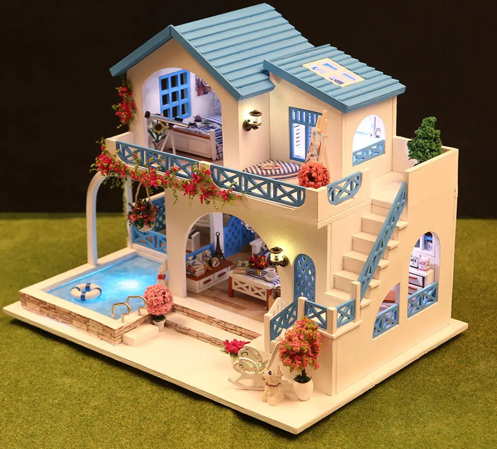 DIY الأزرق الأبيض مدينة فيلا 3D لغز خشبي الساحلية نمط اليدوية التجمع نموذج منزل مصغر هدية عيد ميلاد الإبداعية #3