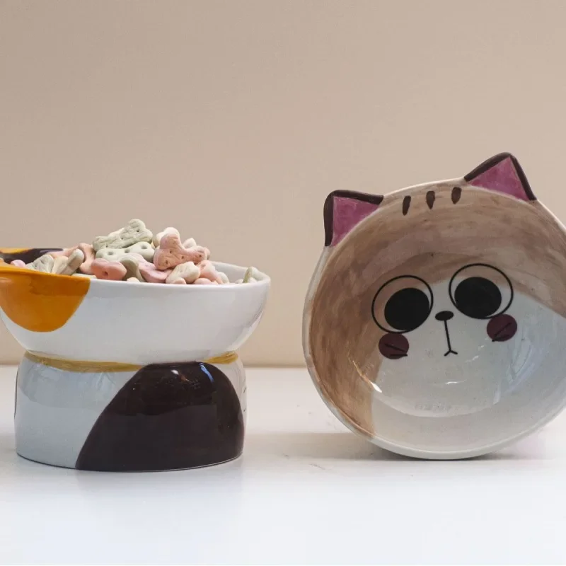 Pet Ceramic Cat Bowl High-Leg Neck Protector Wide-face Cat Water Bowl  Dog Food Bowl  Cat Bowls Cat Feeder Pet Items