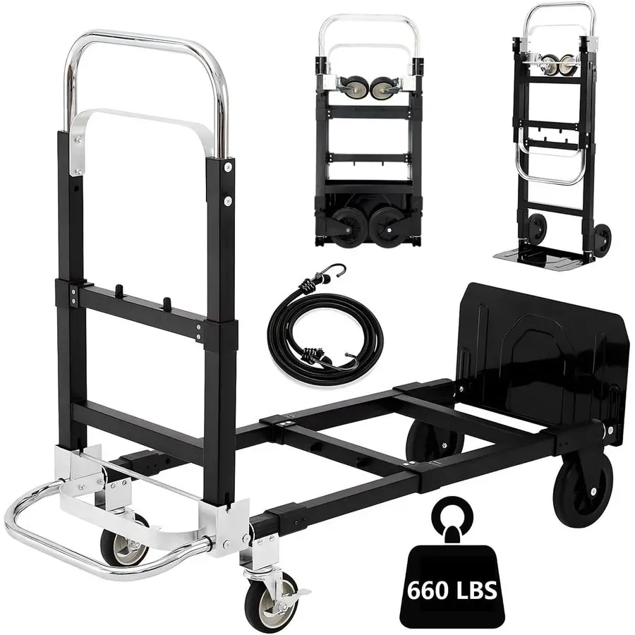 

Upgraded Folding Hand Truck Dolly Cart, 660 LB Heavy Duty Luggage Cart, 3 in 1 Folding Hand Cart with Wheels and Bungee Cords fo