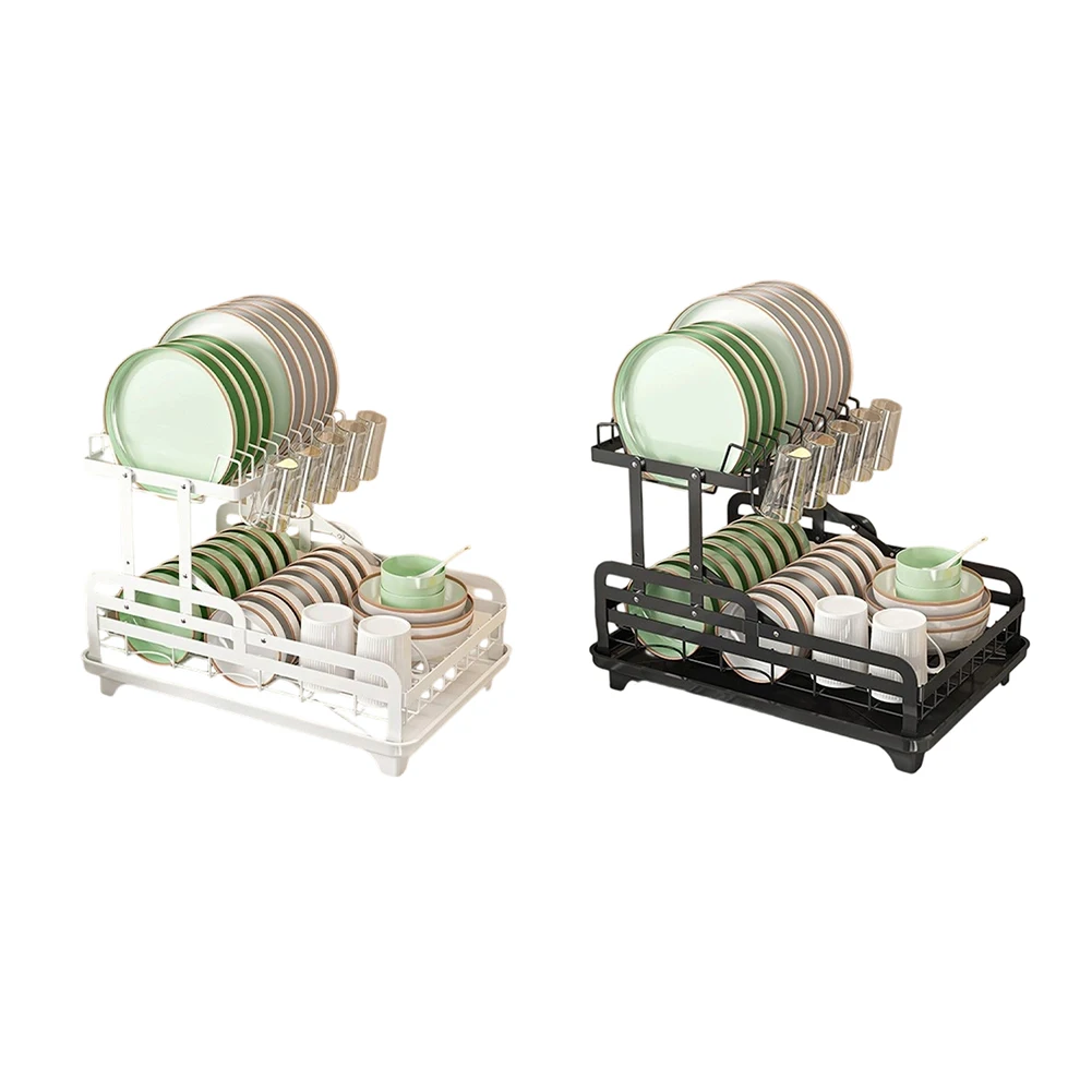 

2 Tier Kitchen Dish Drying Rack with Utensil Holder and Drainboard Retractable Drainpipe for Efficient Water Flow