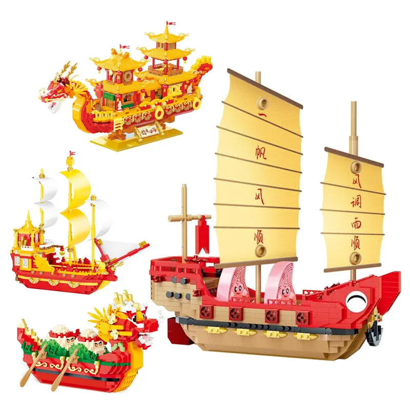 DIY Mini Blocks New Year Decoration Dragon Boat Micro Bricks Chinese Phoenix Toys for Adult Gift Spring Festival Girl Present