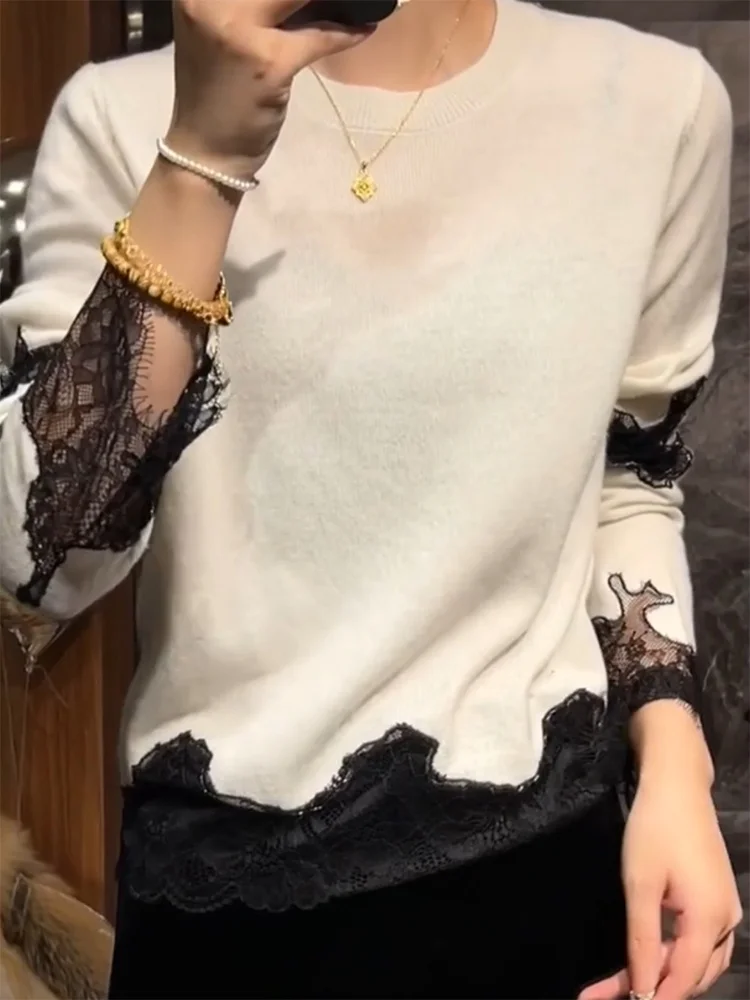

Color Blo Lace Splice Knitted Sweater Women's Ele Slimming Top Large Size Autumn Winter New Sle Korean Version
