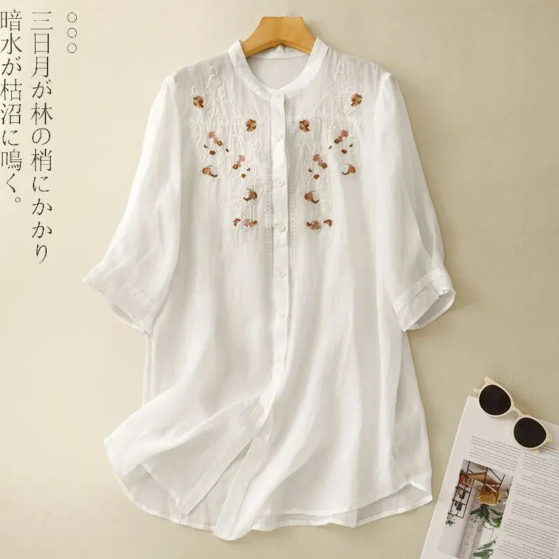 

New Chinese Style Cotton Linen Embroidery Women's Summer Mid-Length Loose Seven-Sleeve Sun Protective Clothing