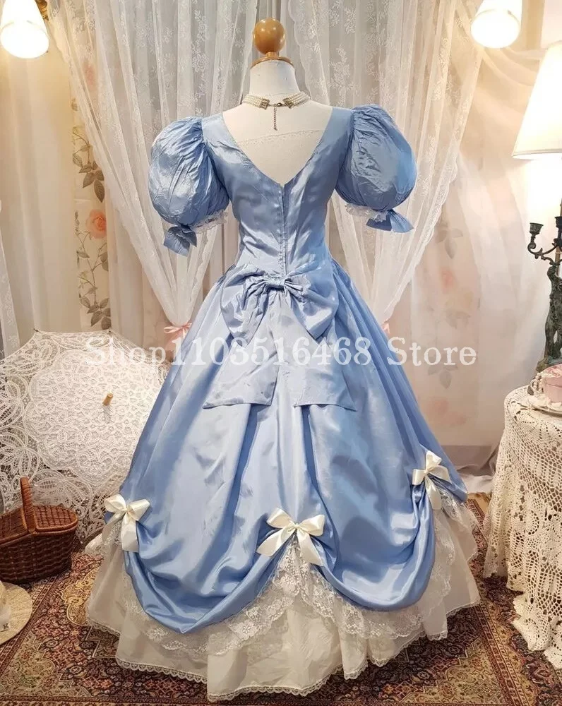 Fluffy Victorian Prom Dress Sky Blue Satin Bubble Sleeve Fantasy Bow Lace Ruffle Masquerade платье вечернее