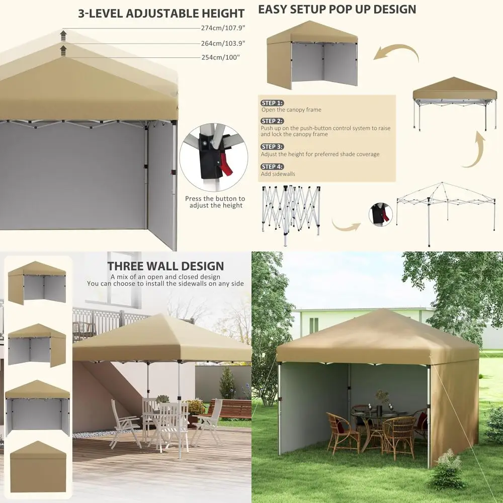 

Выдвижной навес с регулируемой высотой 10 x 10 футов, 3 сторонами, грузовыми сумками и сумкой для переноски для мероприятий на открытом воздухе, бежевый