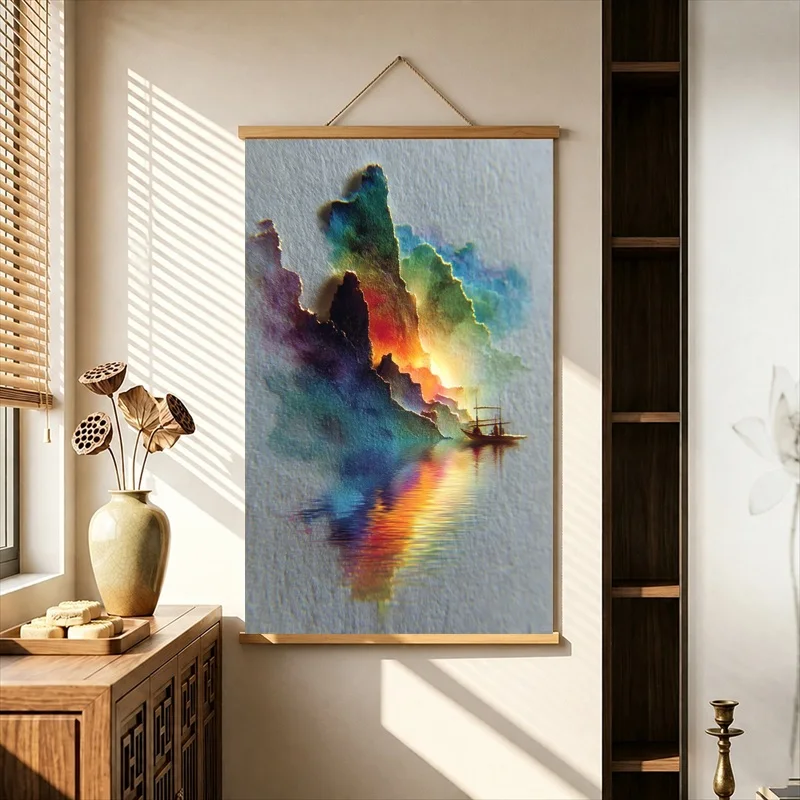 Wall Art Rainbow Peaks in Celestial Clouds, Chinese Fantasy Pearlescent Canvas Wall Hanging Scroll for Meditation Room Interior