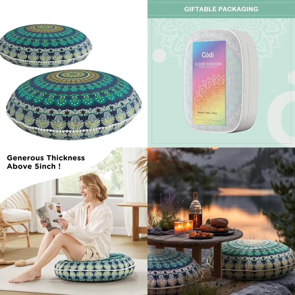 

Set of 2 Large Round Meditation Pillows, Bohemian Mandala Design, 32 for Outdoor, Yoga, Living Room, Memory Foam, Green