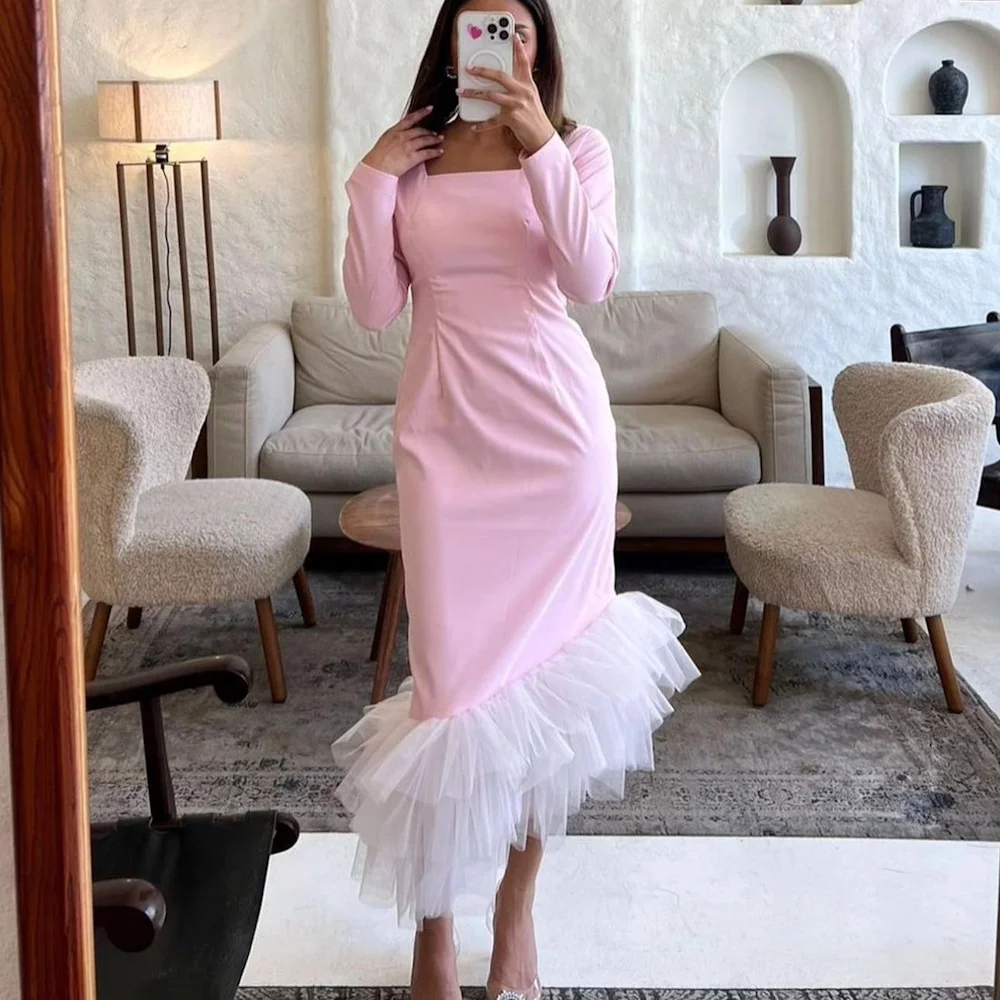 

Mignon Satin Square Neckline Populer Mermaid Prom Gown Tea-length Lace Long Sleeves Formal Elegant Party Evening Dress for Wom