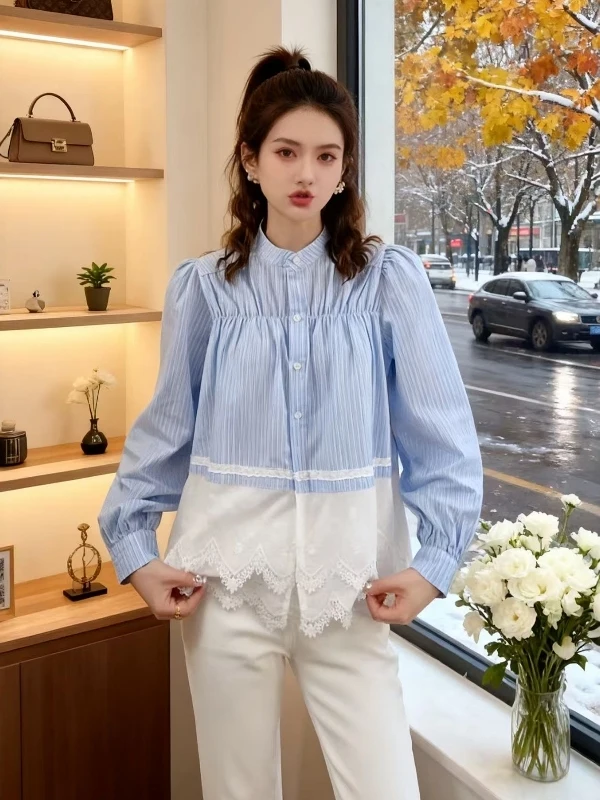 

Blue Lace Splice Long Sve irt Women's Early Spring plus Size Faionable Slimming Top Korean Sle Loose Fit Commute Wind