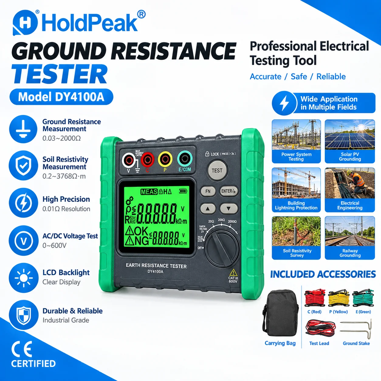 Digital Earth Resistance Tester 2/3/4-Wire Grounding Meter 0.03-2000Ω Soil Resistivity Megohmmeter Voltmeter Backlight for PV