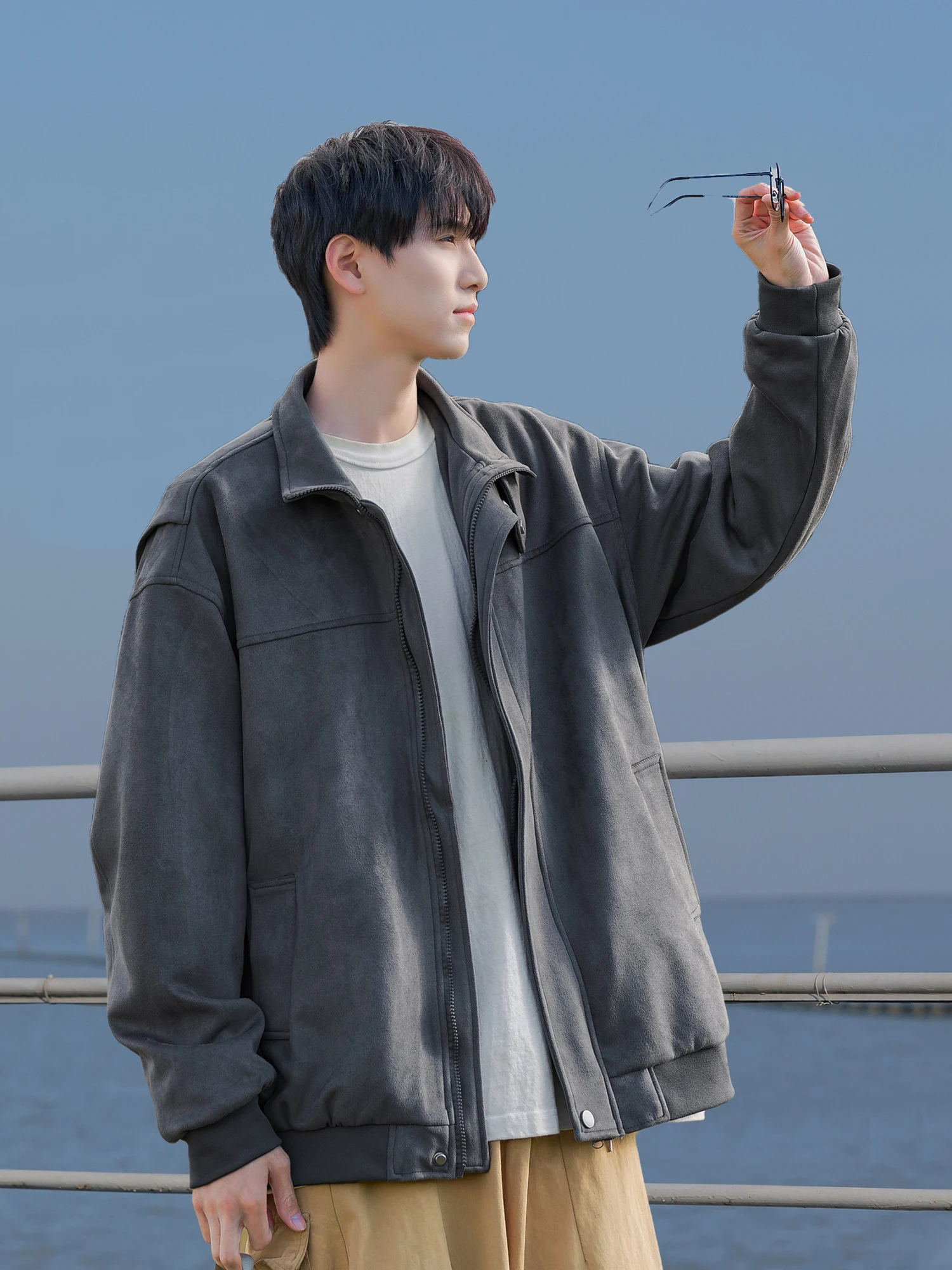 

Brown Suede Jaet Men's Spring Workwear Vintage American Sle Boys' Coat Loose Fit Youthful ular Long Sve Zipper Closure