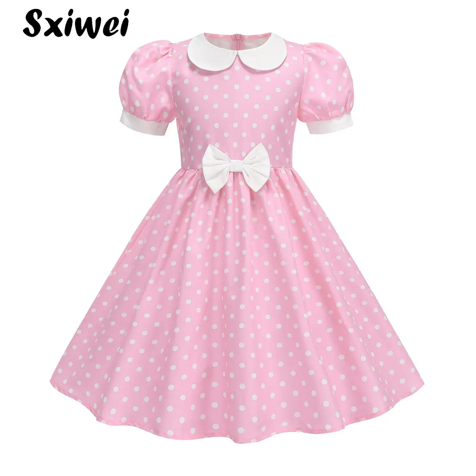 

Girls 50s 60s Ball Grown Elegant Vintage Polka Dots Dress Puff Short Sleeve Bowknot A-Line Dress for Princess Summer Prom Dress