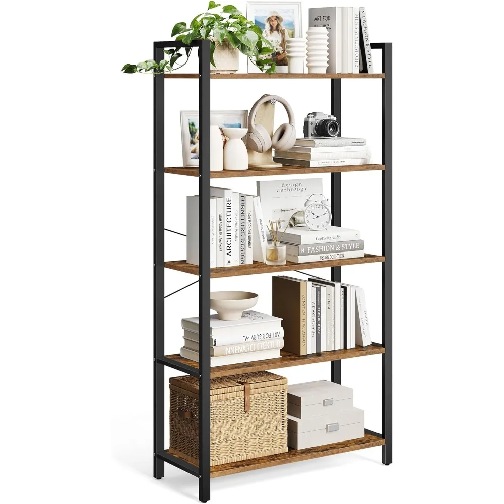 ชั้นวางหนังสือ VASAGLE 5 ชั้น, ตู้หนังสือโครงเหล็ก, ชั้นวางหนังสือสำหรับห้องนั่งเล่น, โฮมออฟฟิศ, ห้องทำงาน, 11.8 x 31.5 x 60.2 นิ้ว