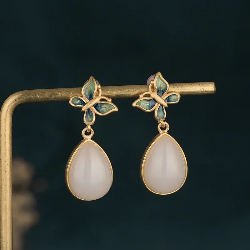 

Chinese style Guochao butterfly water drop Hetian jade earrings ancient gold-plated Guochao earrings