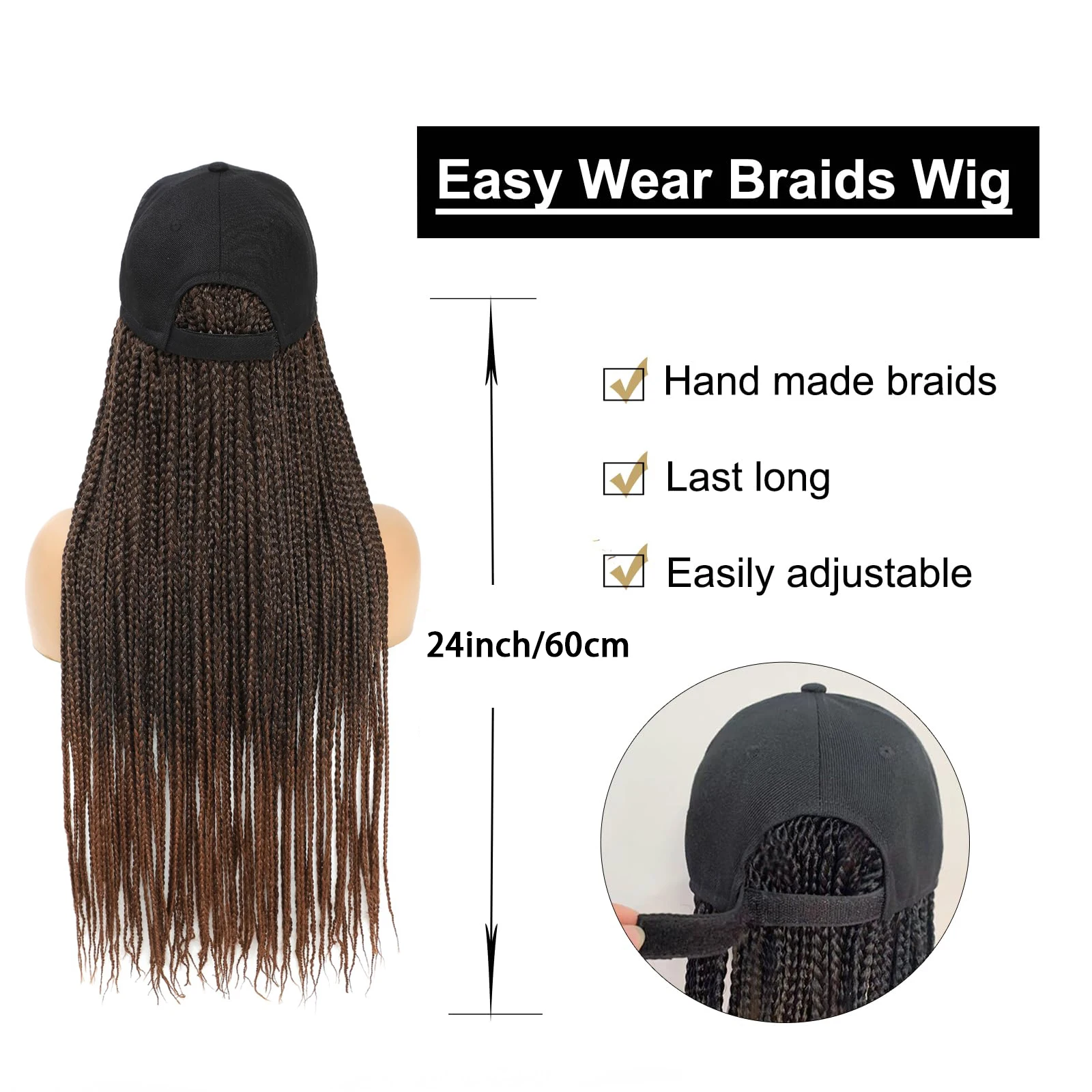 Hat Wig for Women Baseball Cap with Braided Hair Attached Synthetic Box Braid Wig Hat  Cap with ombre dark brown Braids view 4