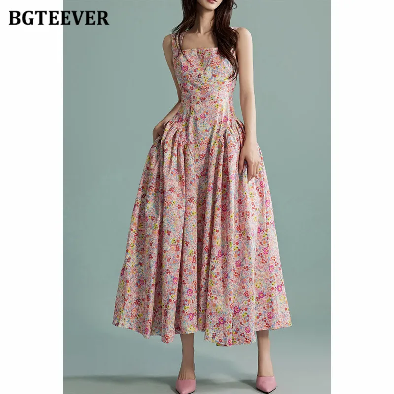 BGTEEVER Vintage Slim Waist Pockets Women Floral Printed Dress Summer Elegant Spaghetti Strap Female A-line Dress